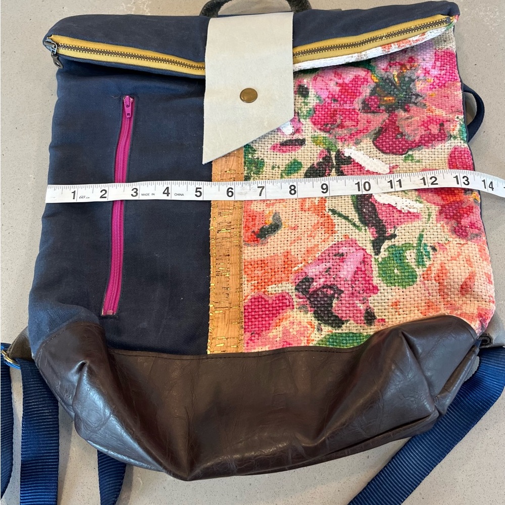 Handmade Roll Zip Backpack Denim Hand Painted Floral Textile Leather Boho Bag - Picture 11 of 13
